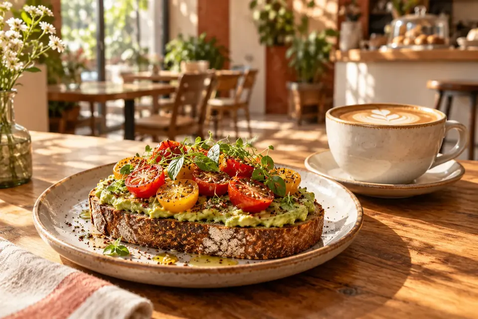 Café y tostada servidos en un local luminoso, fotografía ilustrativa