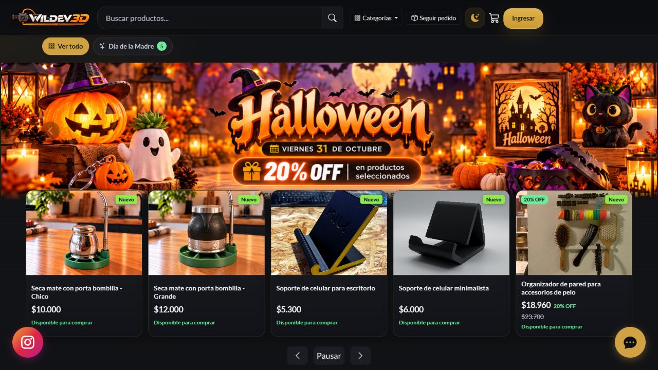 Página real de Wildev Shop con catálogo de productos impresos en 3D